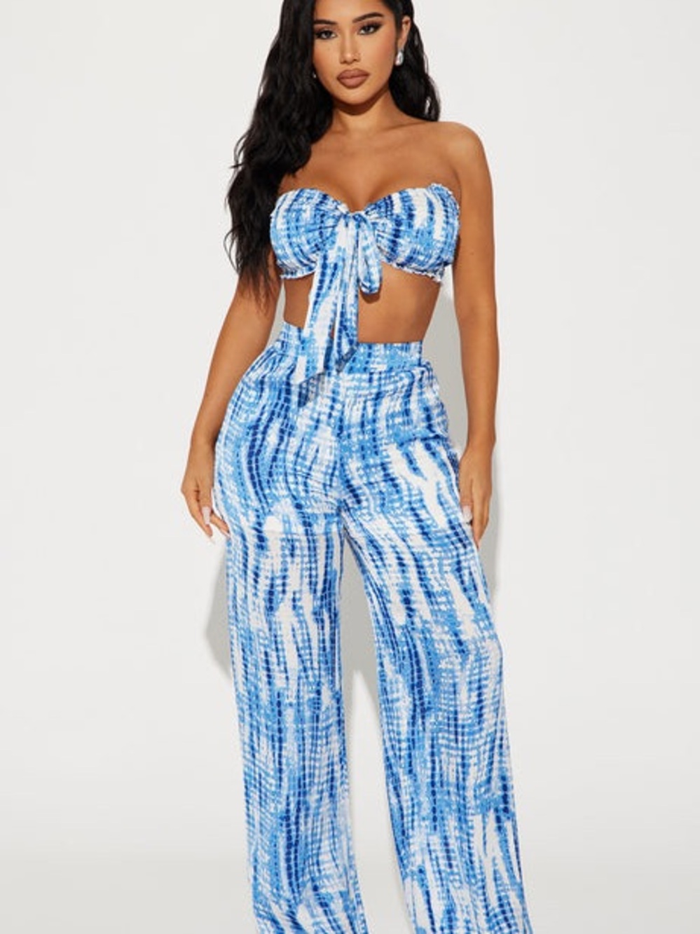 Fashion Nova Blue Tie-Dye Strapless Tie-Front Crop Top